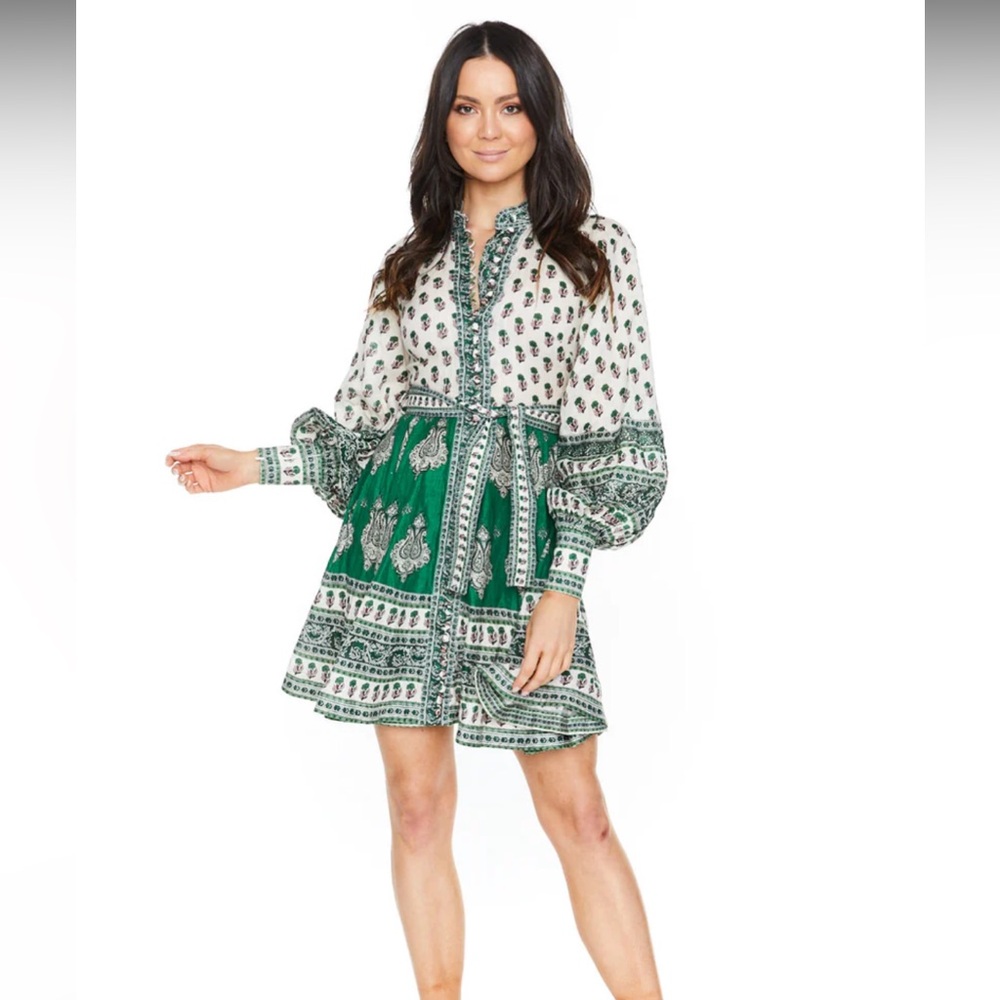 Zimmermann Amari green & white linen dress with  bell sleeve size 1 (US size 4)